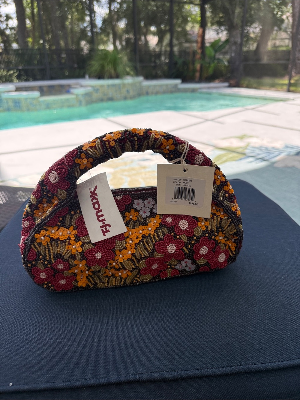 T.J.Maxx Burgundy, Yellow & Pink Beaded Floral Handle Clutch